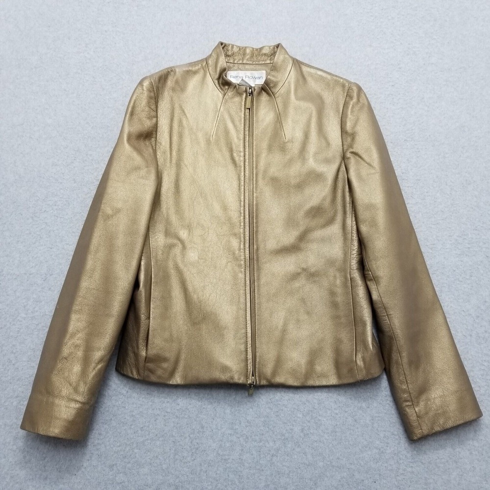 Rena Rowan Leather Jacket Womens 6 Bronze Gold Long Sleeve Pockets Full Zip